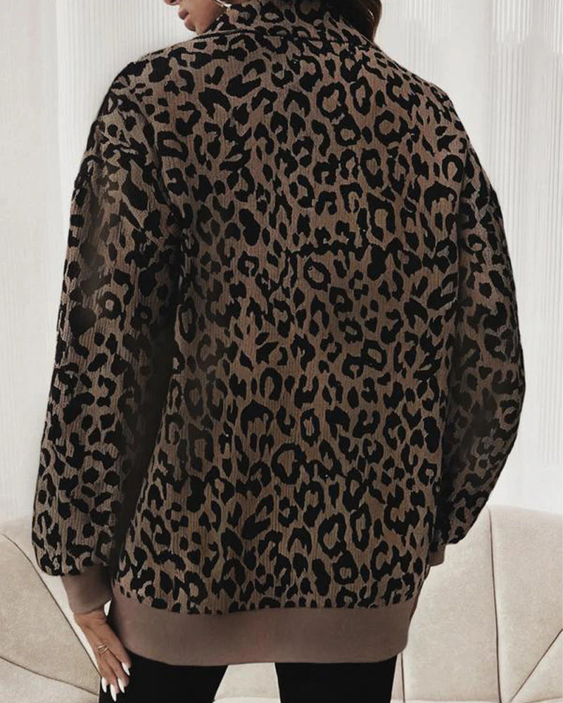 Women Zip Up Long Sleeve Leopard Print Sweatshirt K2618